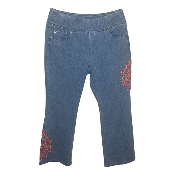 Belle Kim Gravel Medium Wash Denim Crop Jeans Orange Embroidery Size 16 - Picture 1 of 16